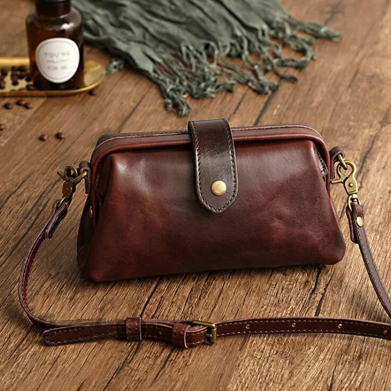Brown leather crossbody bag front view
