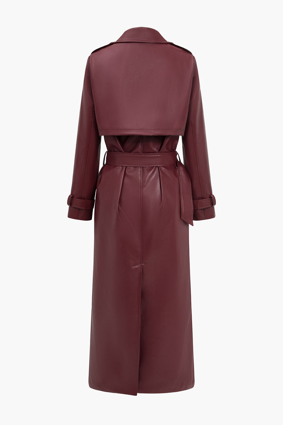 Faux leather trench coat burgundy back view