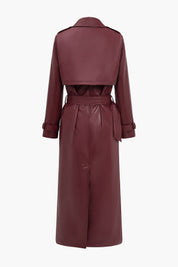 Faux leather trench coat burgundy back view