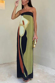 Flowy strapless maxi dress black and green side view