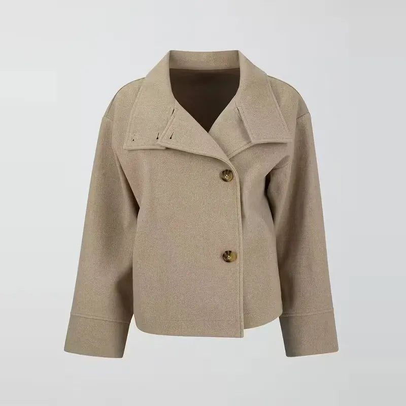 Beige short coat with buttons hanging view
