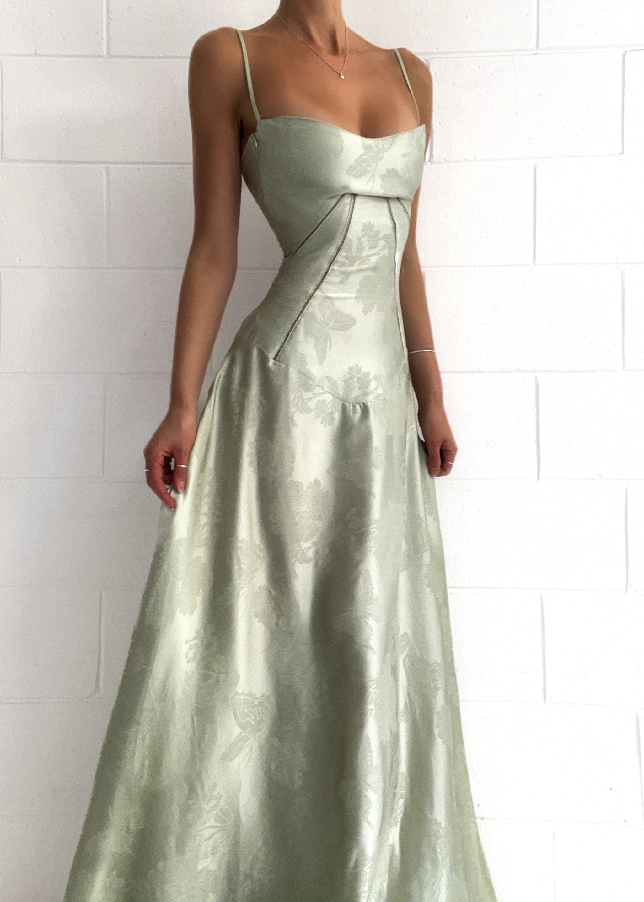 Evening dress light green floral pattern front view