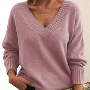 Trui voor dames roze met V-hals en lange mouwen vooraanzicht
