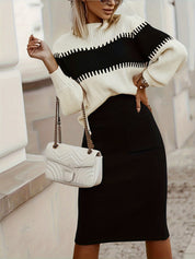 Twee-stuk jurk wit-zwart geribd met witte tas zijkant