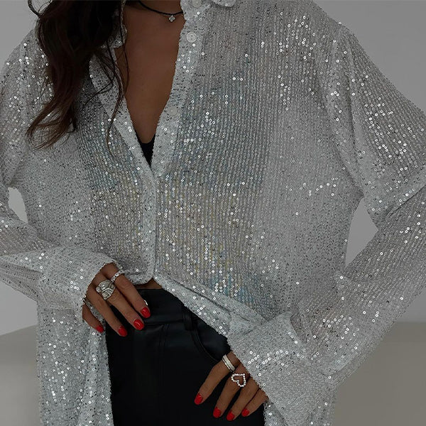 Blouse met pailetten zilver glanzend vooruitzicht