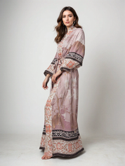 Pink floral robe with lace trim, studio front view