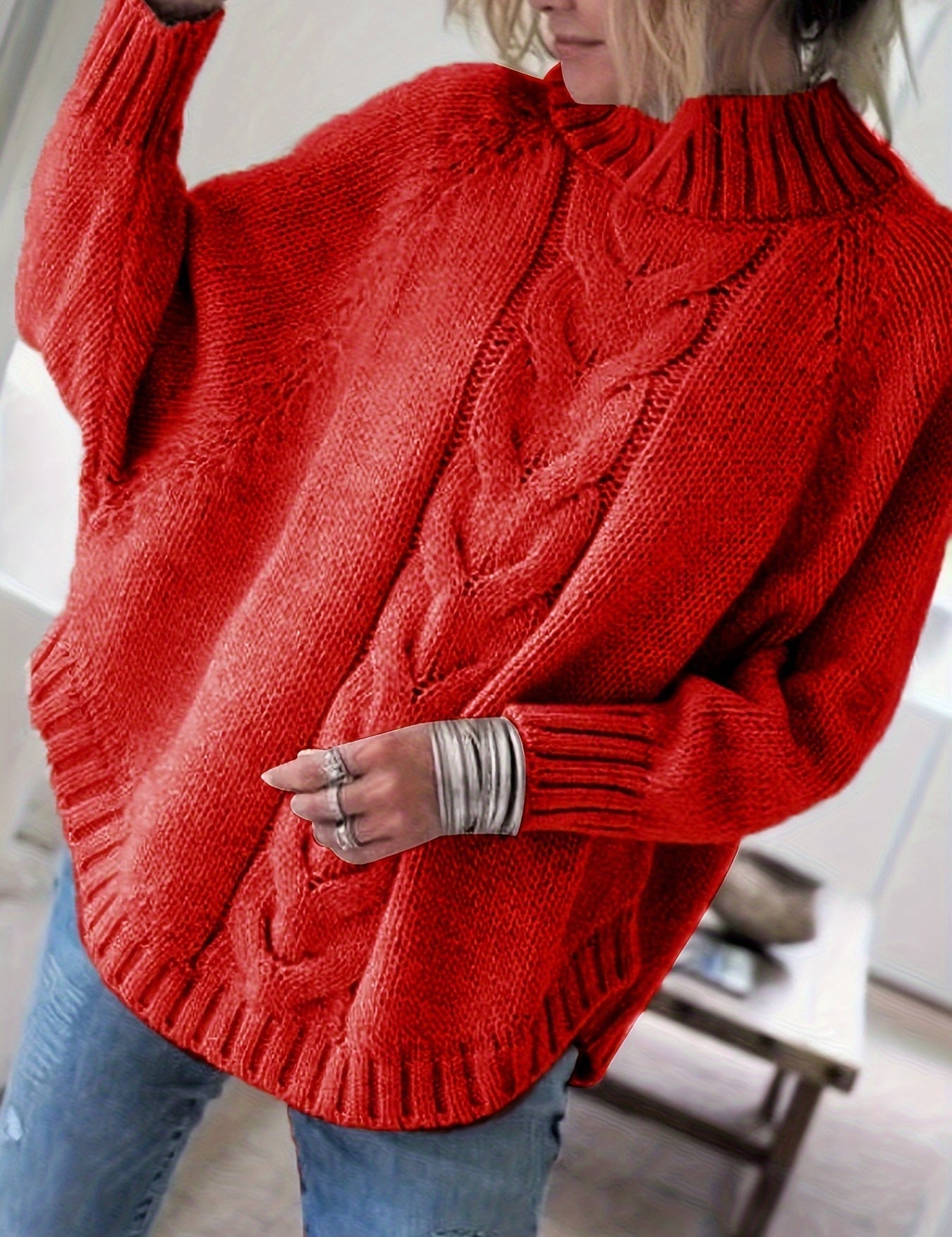 Trui rood gebreid mockneck losse pasvorm front view