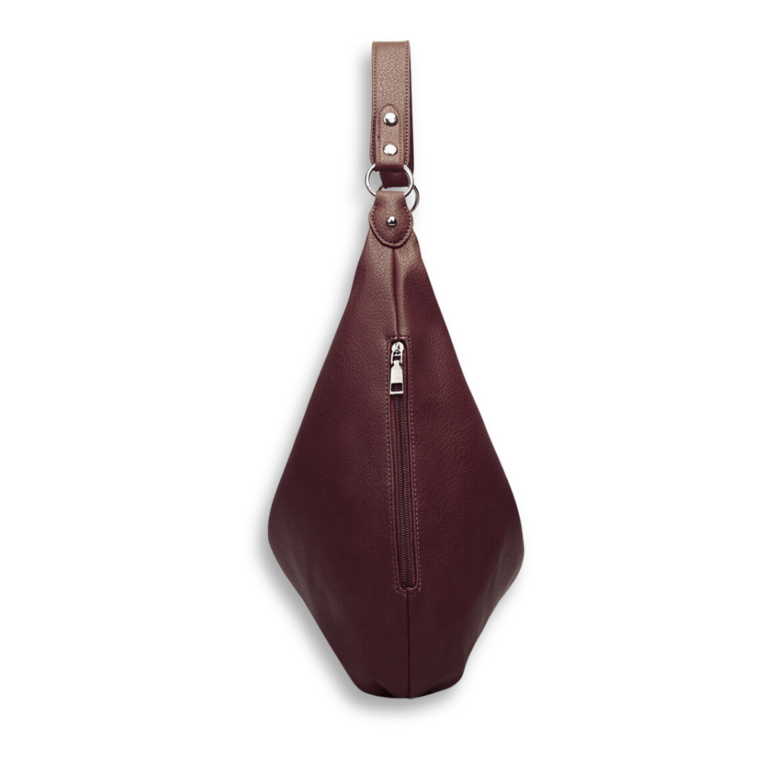 Schoudertas van vegan leer donkerrood met rits en schouderriem detail