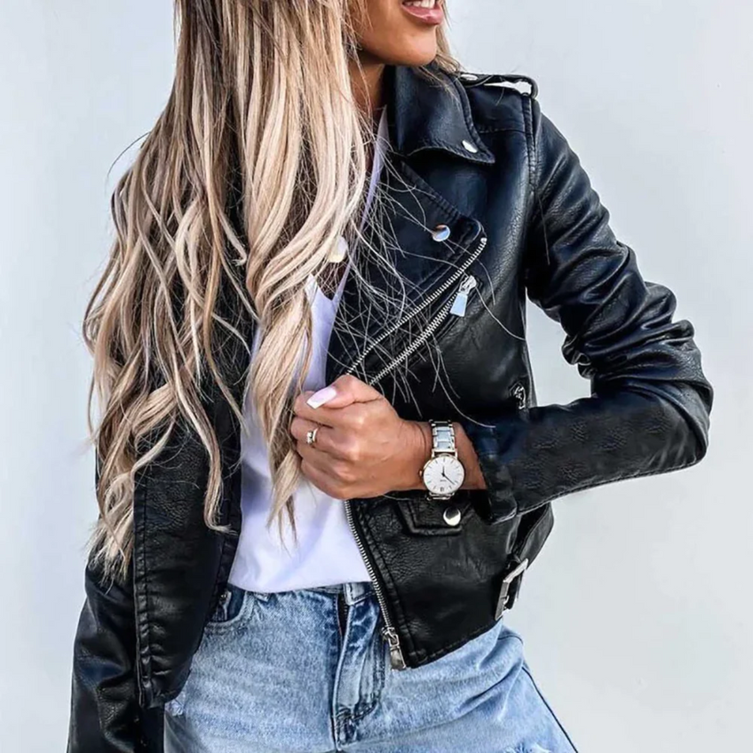 Leren jas zwart met rits en details front view