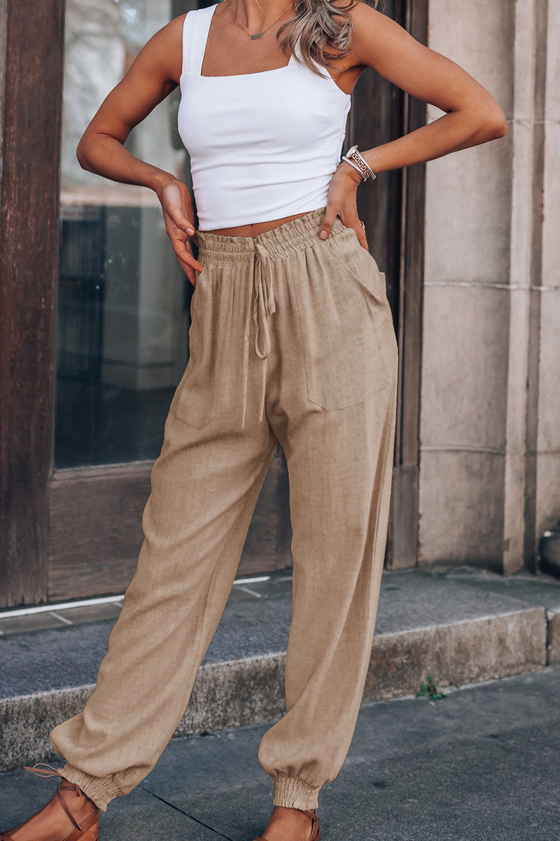 Women's beige linen pants front view