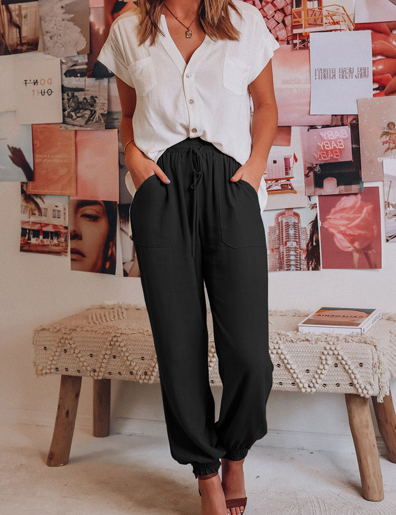 Women's black linen pants front view
