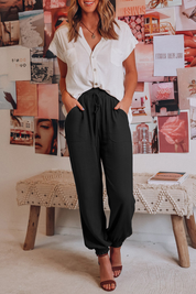 Women's black linen pants front view