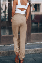 Women's beige linen pants back view