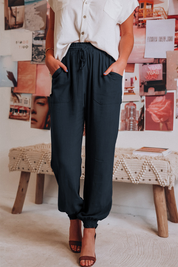 Women's navy linen pants side view