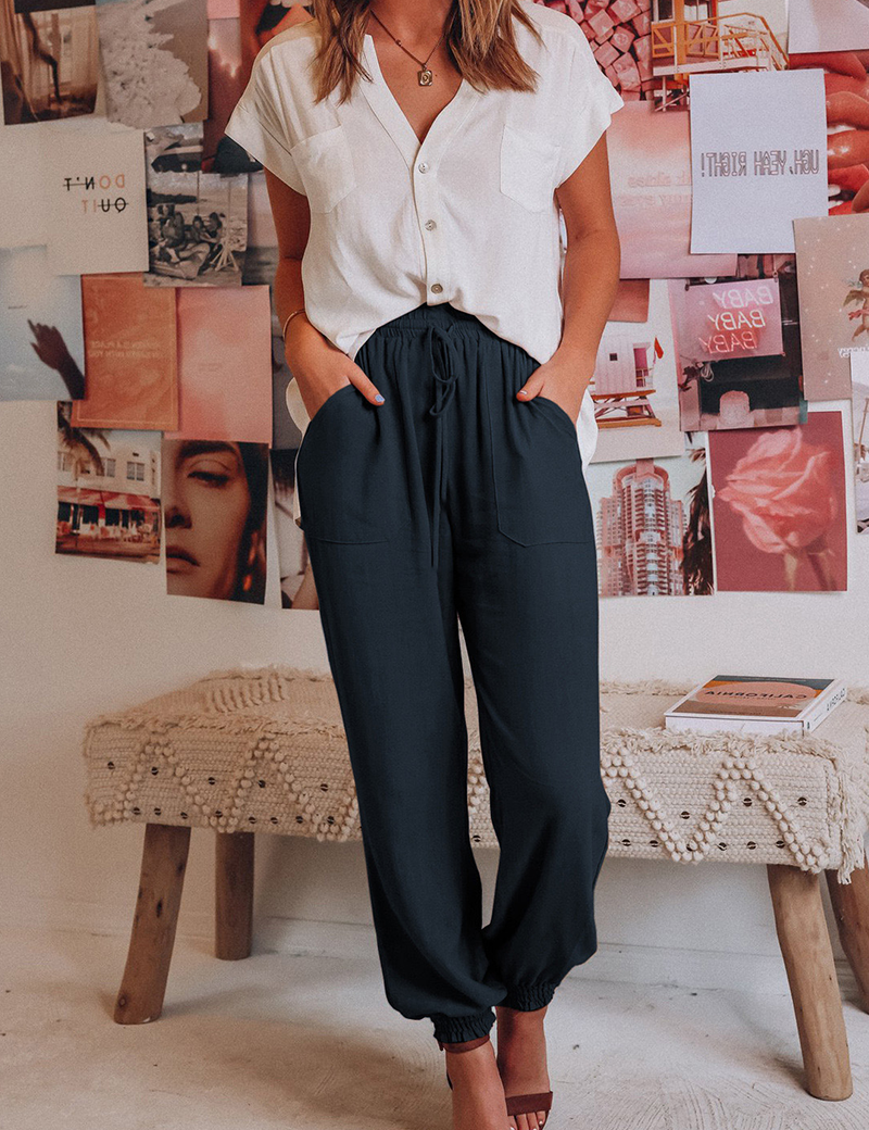 Women's navy linen pants front view