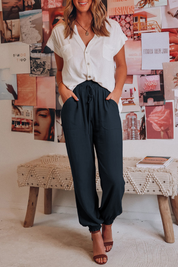 Women's navy linen pants front view