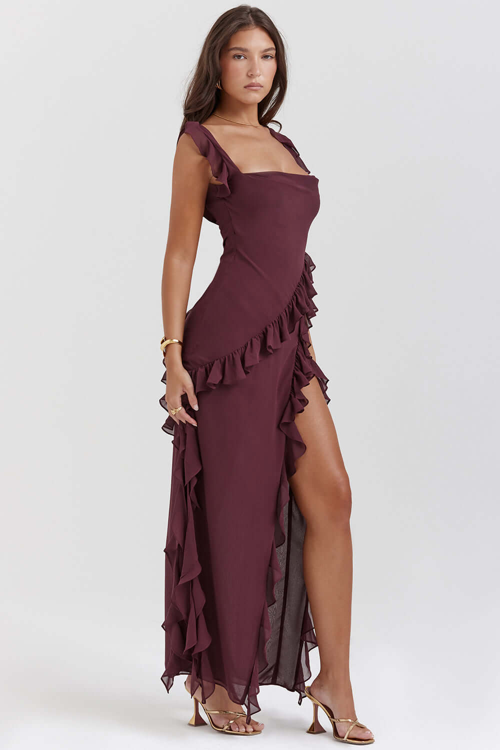 Evening dress burgundy ruffle front pose