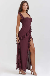 Evening dress burgundy ruffle front pose