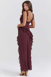 Evening dress burgundy ruffle back view