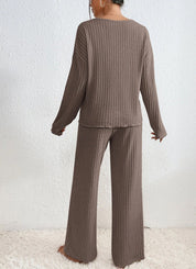 Tweedelig loungewear set dames bruin ribstof rugzijde