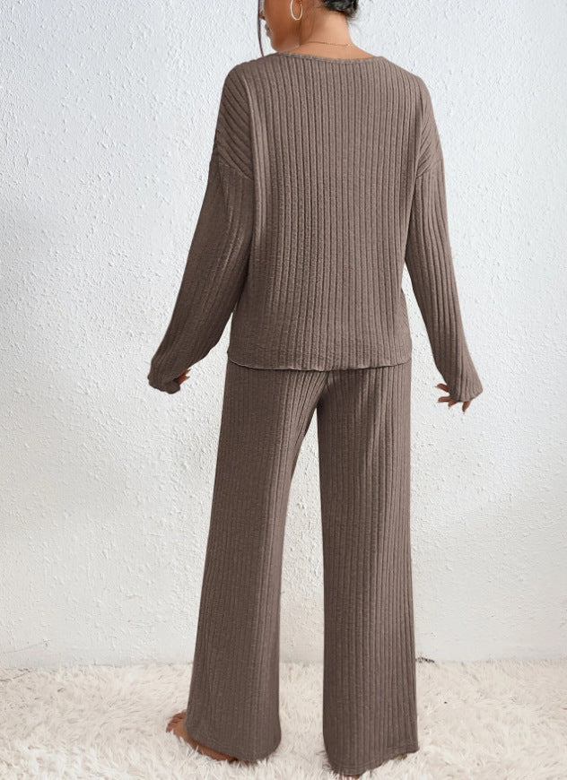 Tweedelig loungewear set dames bruin ribstof rugzijde