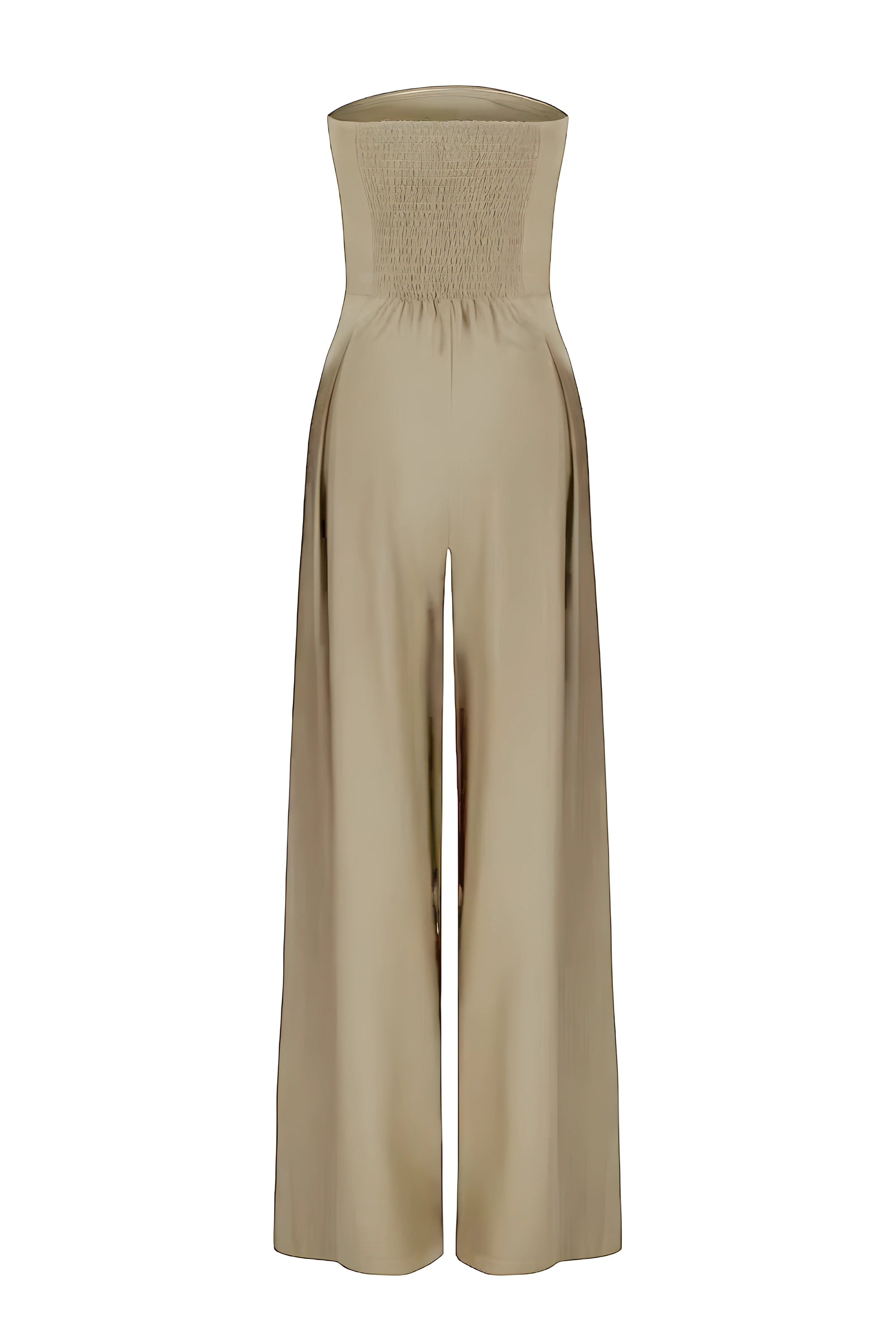 Strapless jumpsuit beige met smal gesmokt bovenlichaam en wijde pijpen