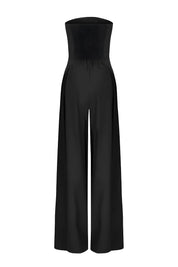 Strapless jumpsuit zwart met smal bovenlichaam en wijde pijpen front view