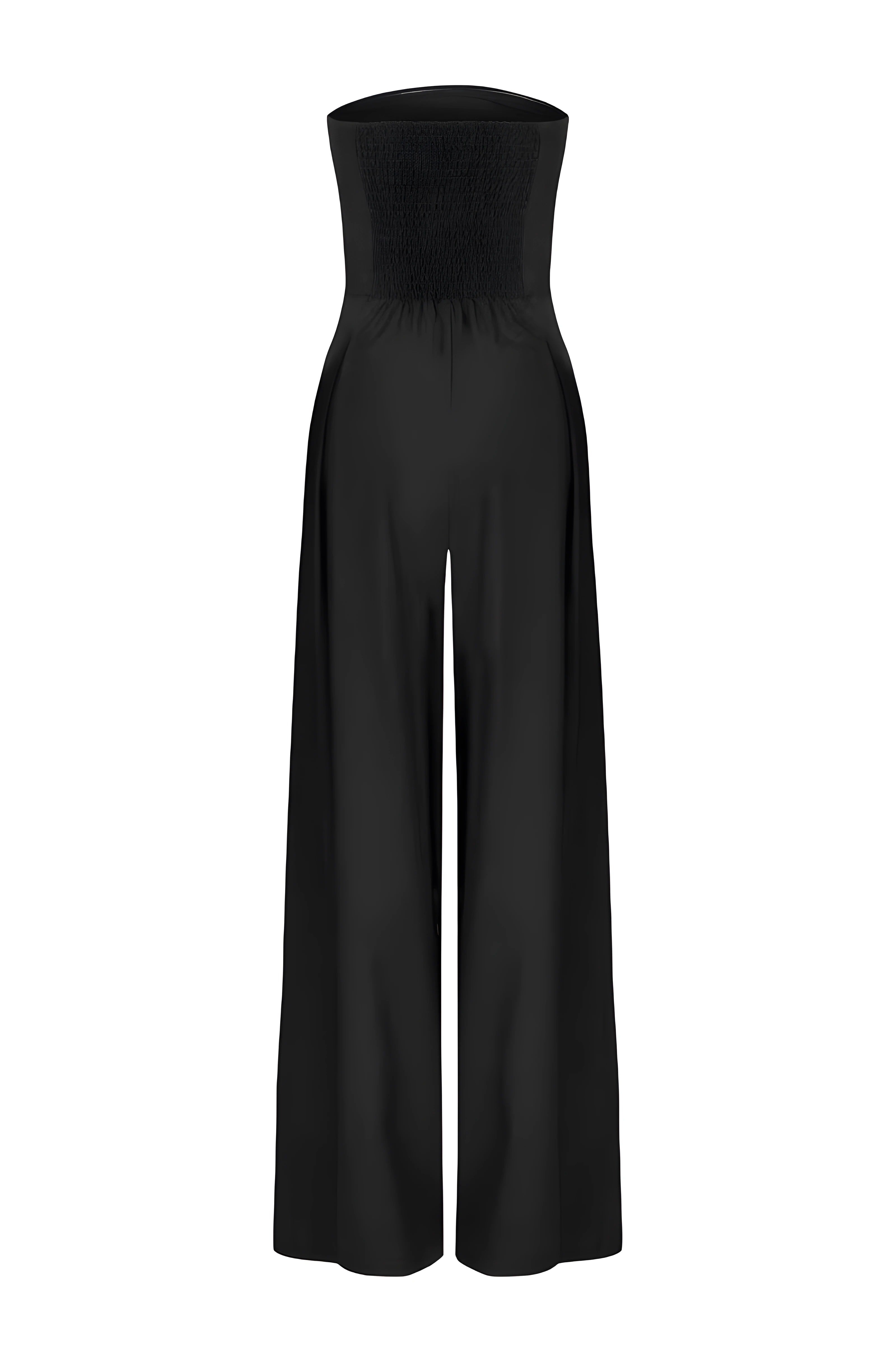 Strapless jumpsuit zwart met smal bovenlichaam en wijde pijpen front view