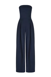 Strapless jumpsuit donkerblauw met korsetdetail vooraanzicht