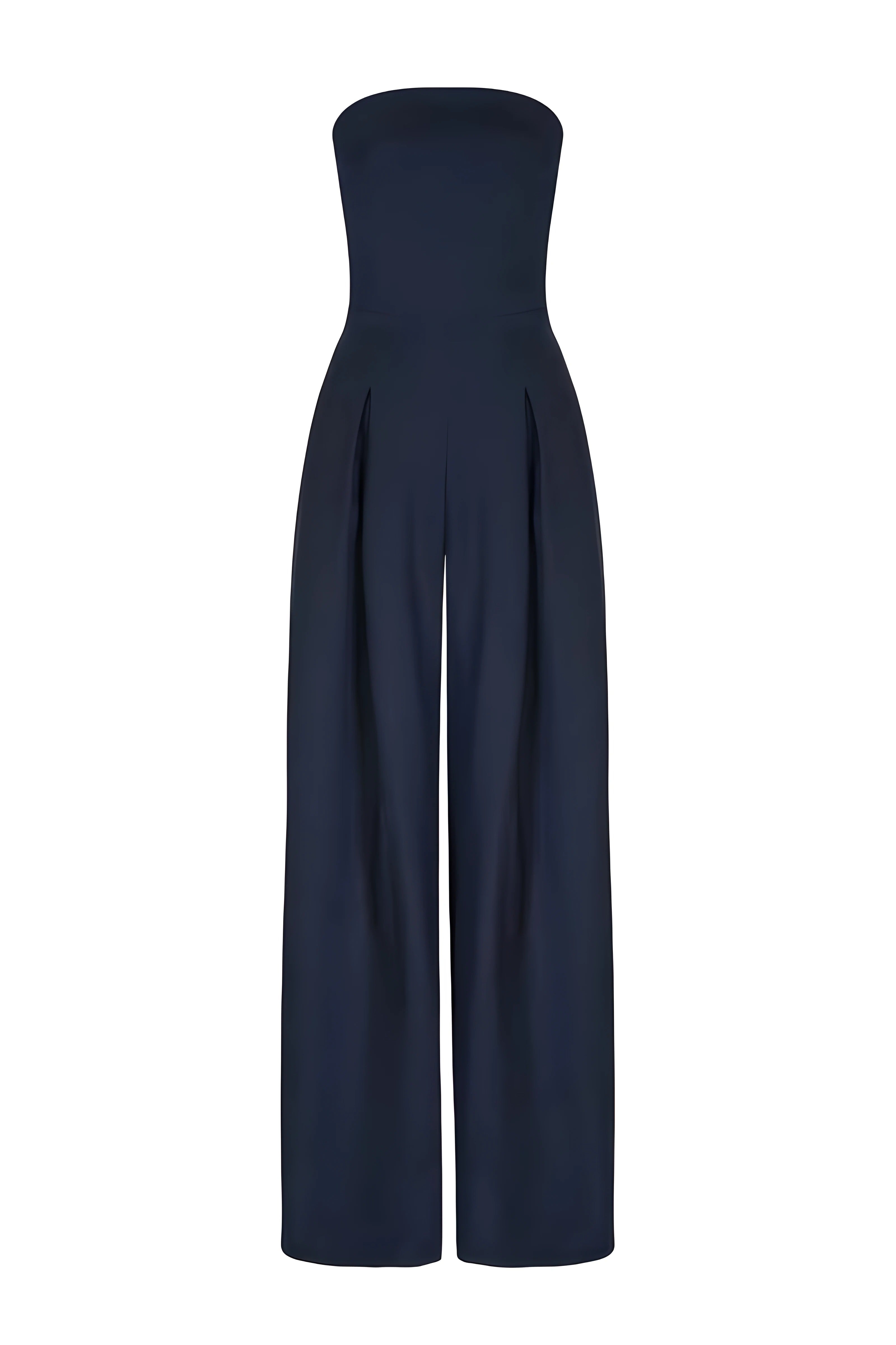 Strapless jumpsuit donkerblauw met korsetdetail vooraanzicht