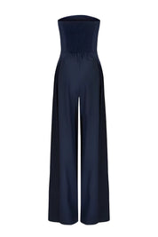 Strapless jumpsuit donkerblauw met smal bovenlichaam en wijde pijpen
