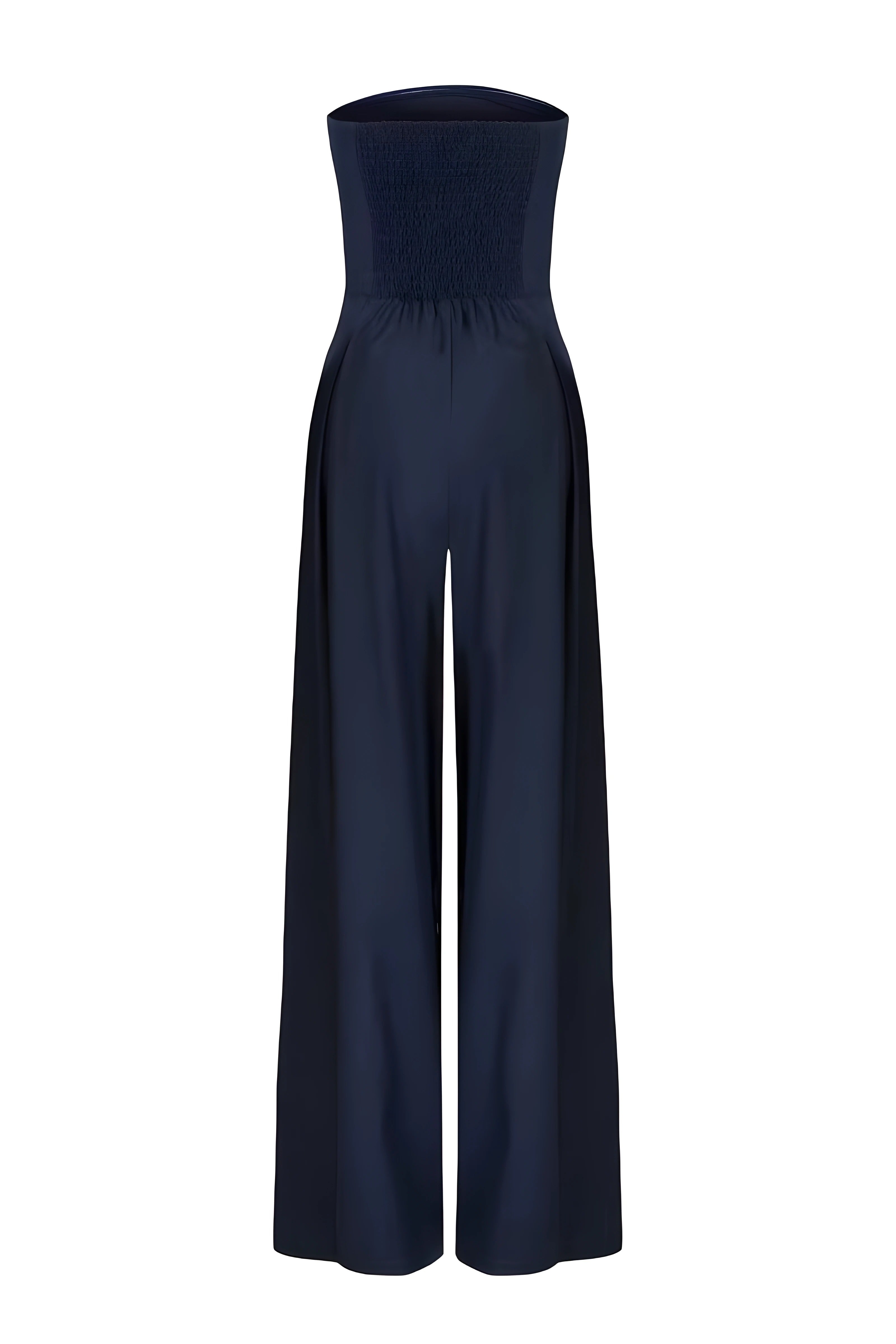 Strapless jumpsuit donkerblauw met smal bovenlichaam en wijde pijpen