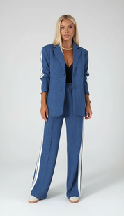 Blue blazer and pants set with white stripes, front view