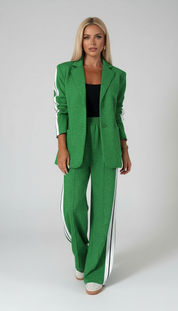 Green blazer and pants set with white stripes, front view