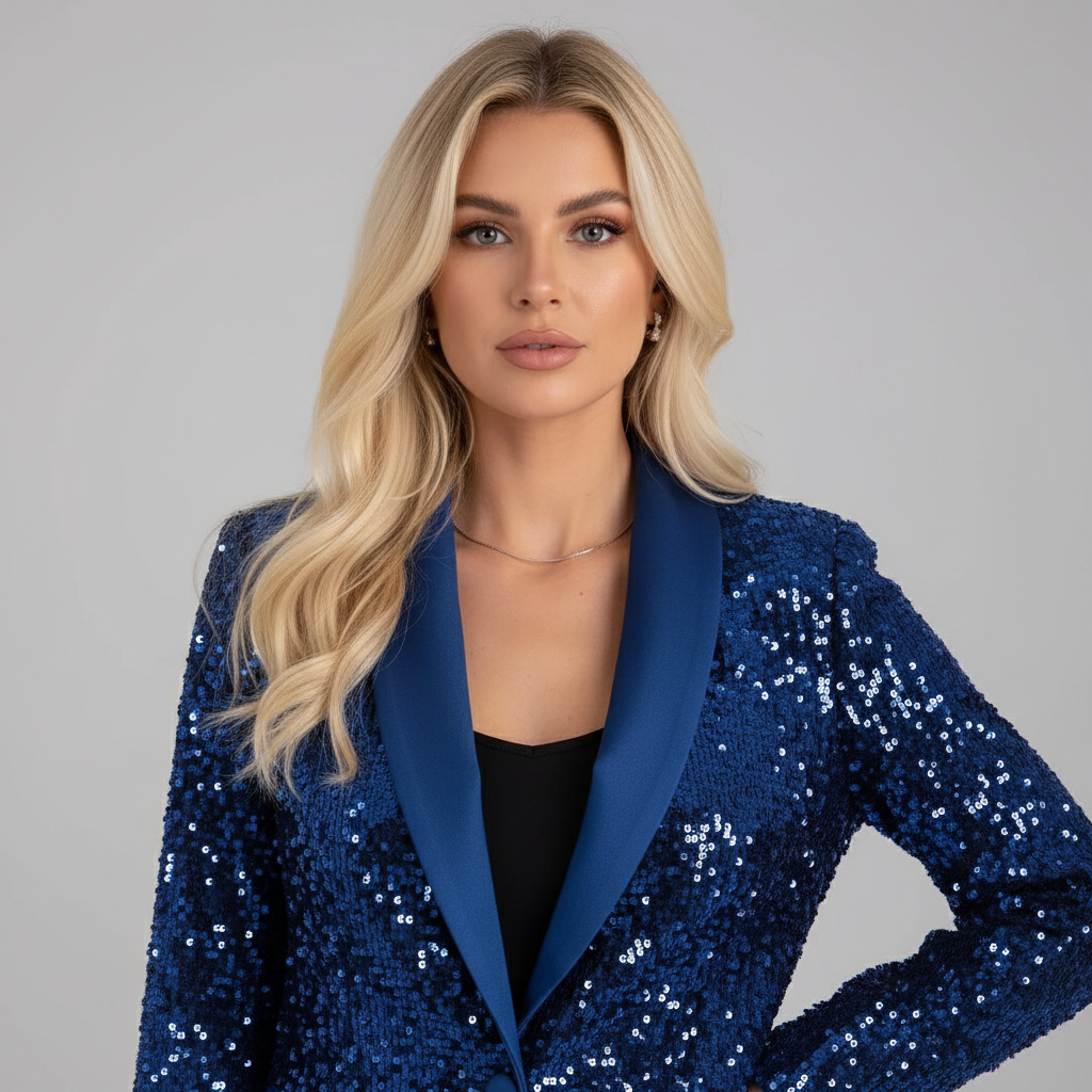 Blue sequin blazer with blue lapel, front view