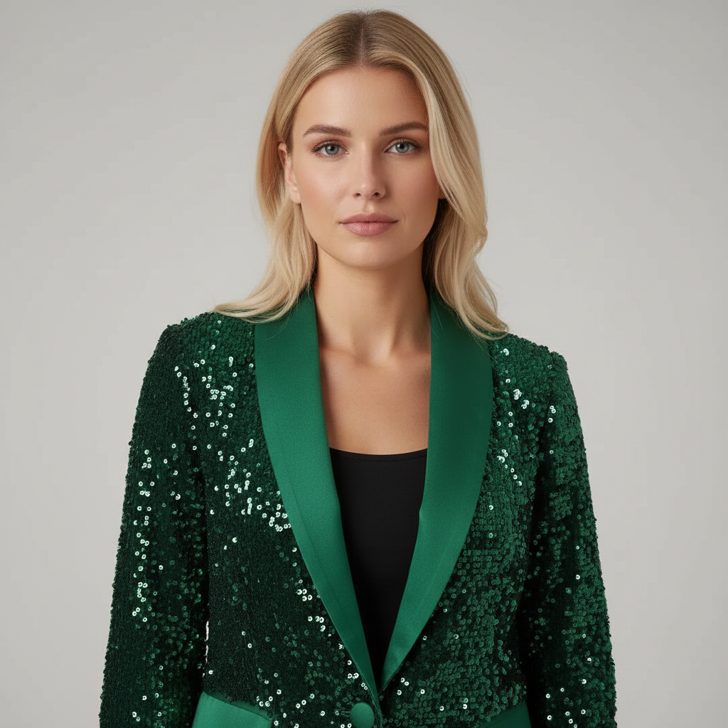 Green sequin blazer with green lapel, front view