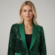 Green sequin blazer with green lapel, front view