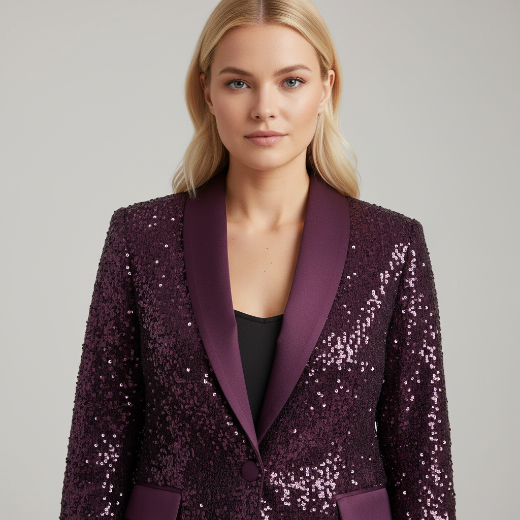 Purple sequin blazer with purple lapel, front view
