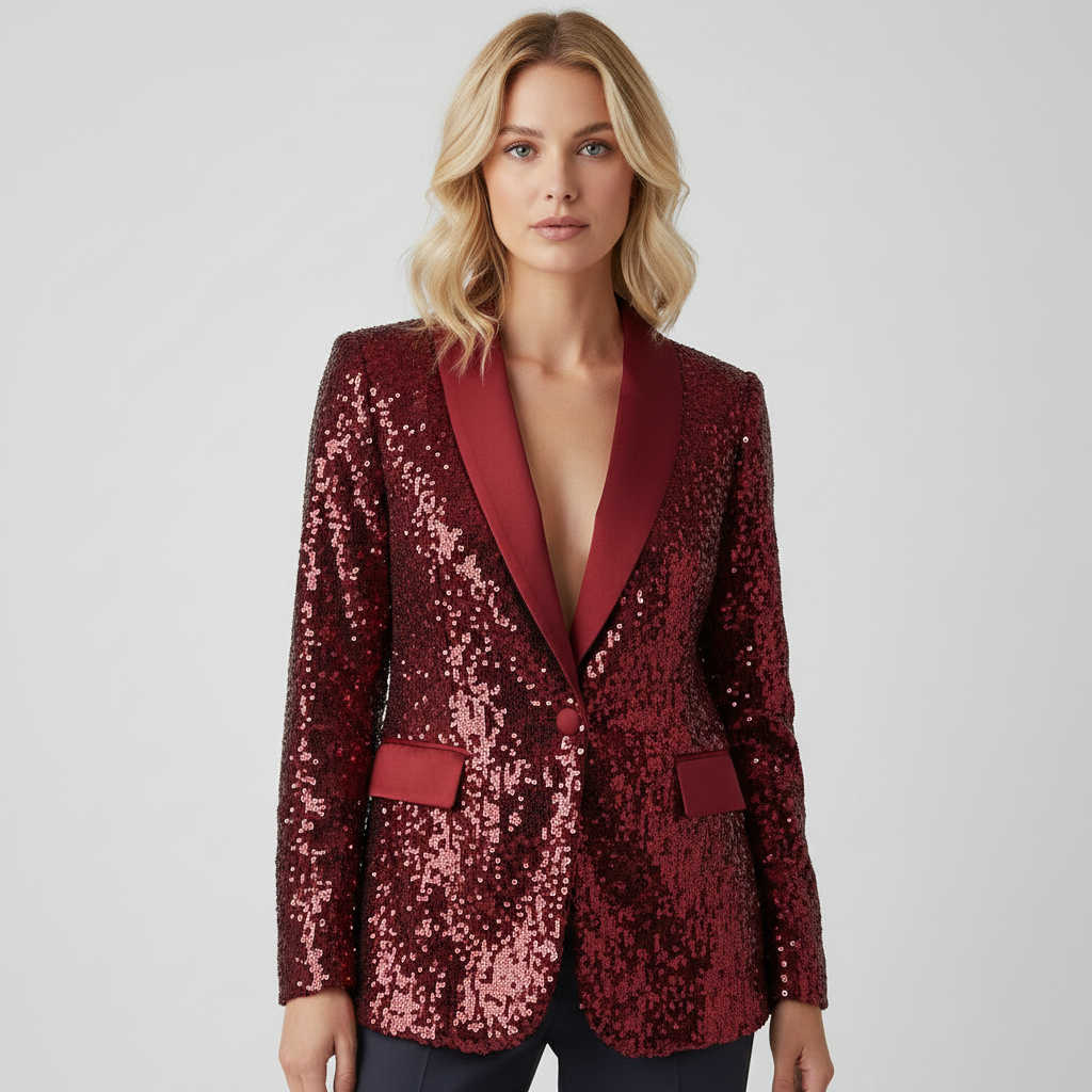 Red sequin blazer with red lapel, front view