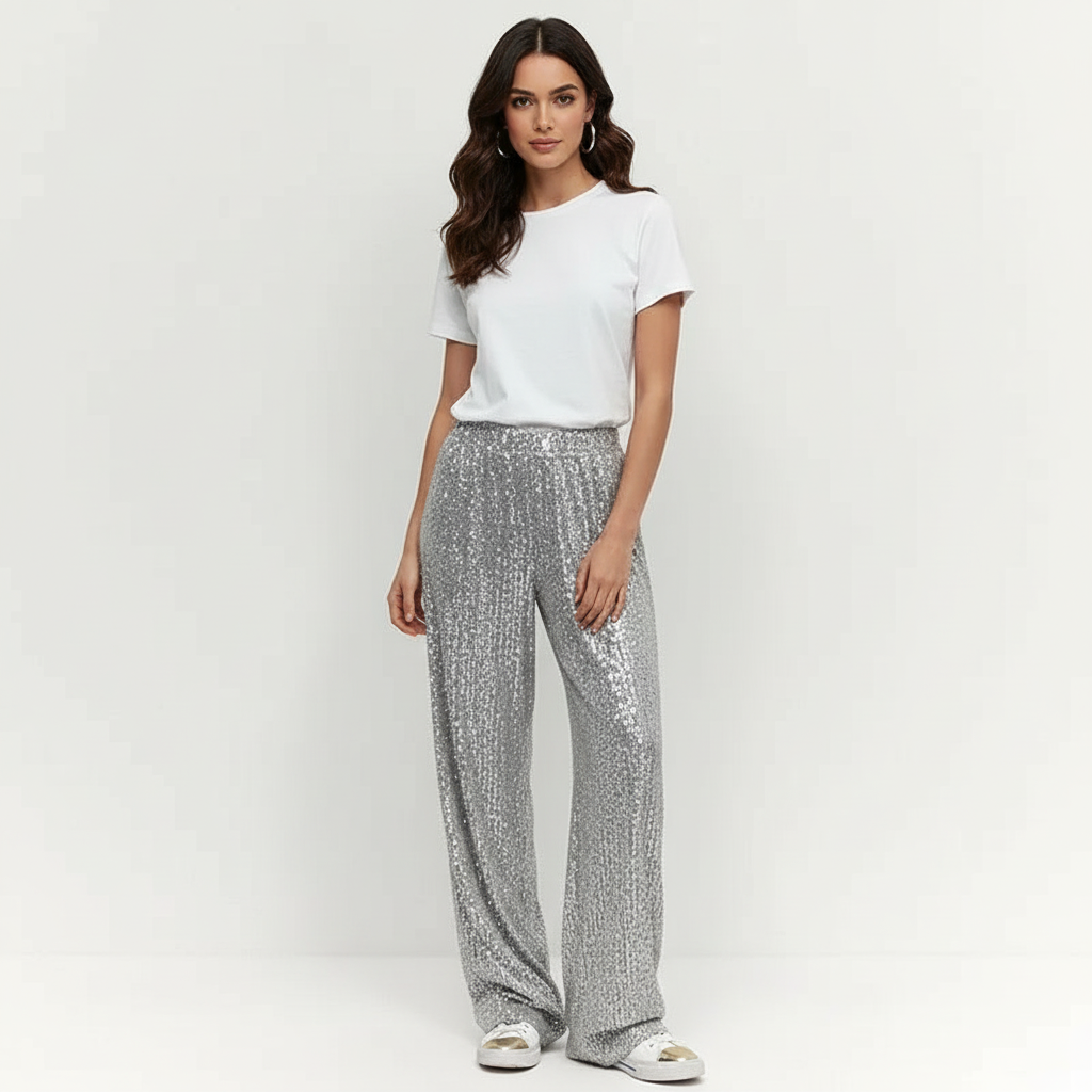 Silver sequin pants worn with white t-shirt and sneakers, front view