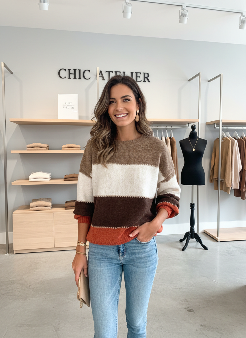 Comfortabele Gebreide Trui met Stijlvol Kleurblok Design voor Dames