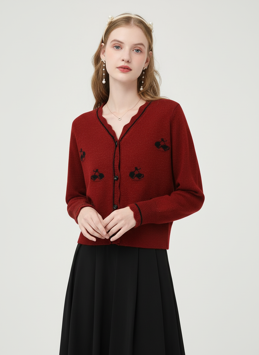 Gebreid Vest met Speelse Kersen en Elegante Geschulpte Rand