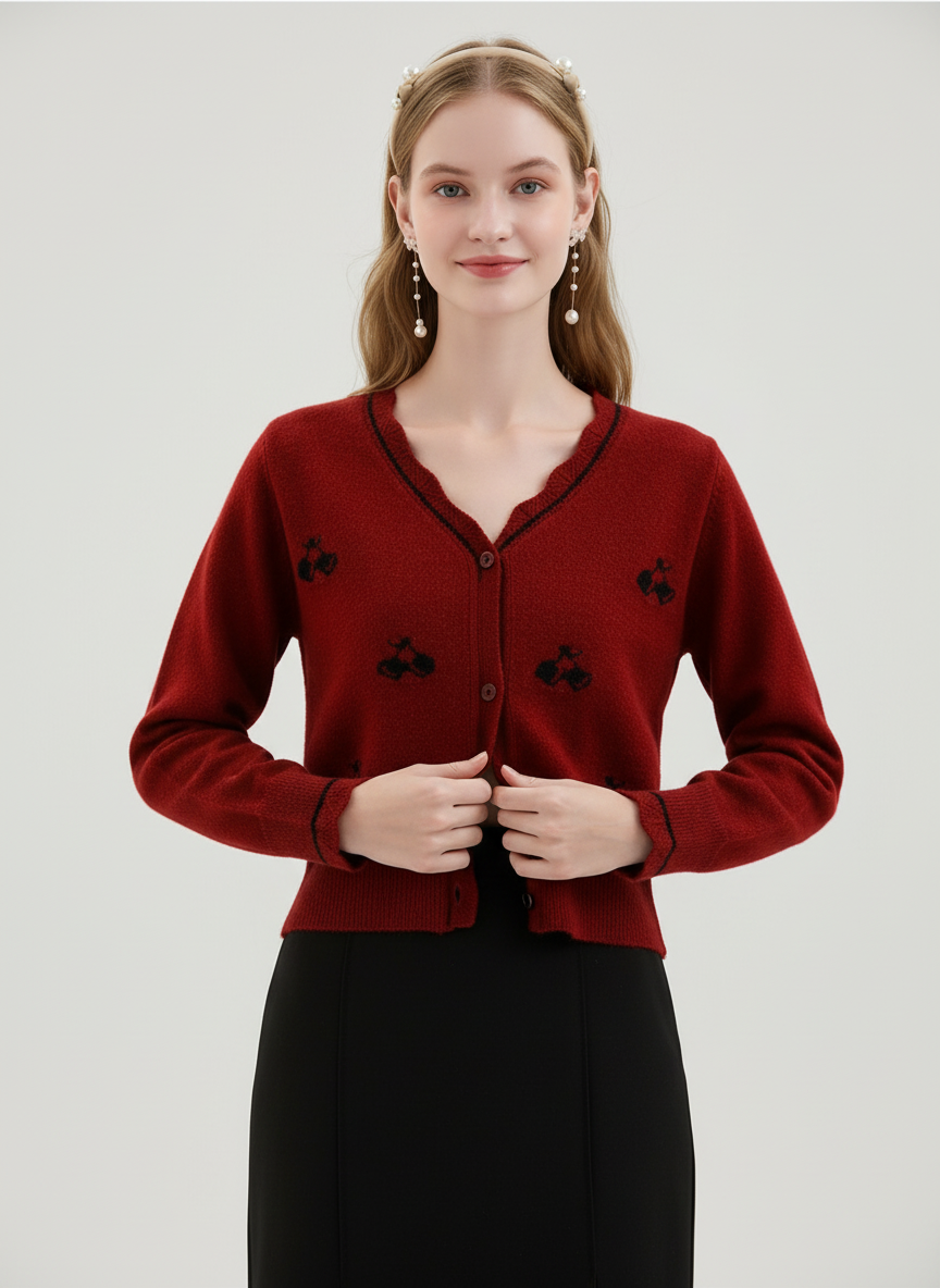 Gebreid Vest met Speelse Kersen en Elegante Geschulpte Rand