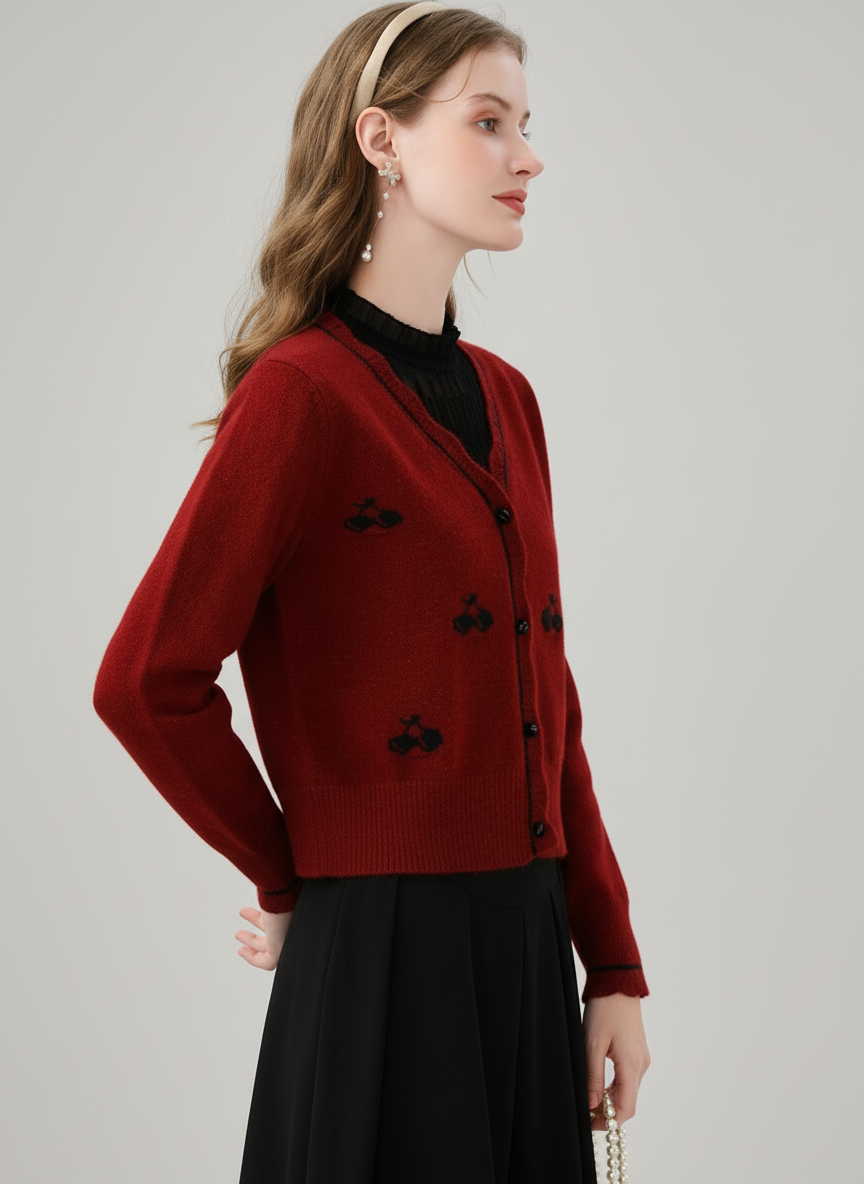 Gebreid Vest met Speelse Kersen en Elegante Geschulpte Rand