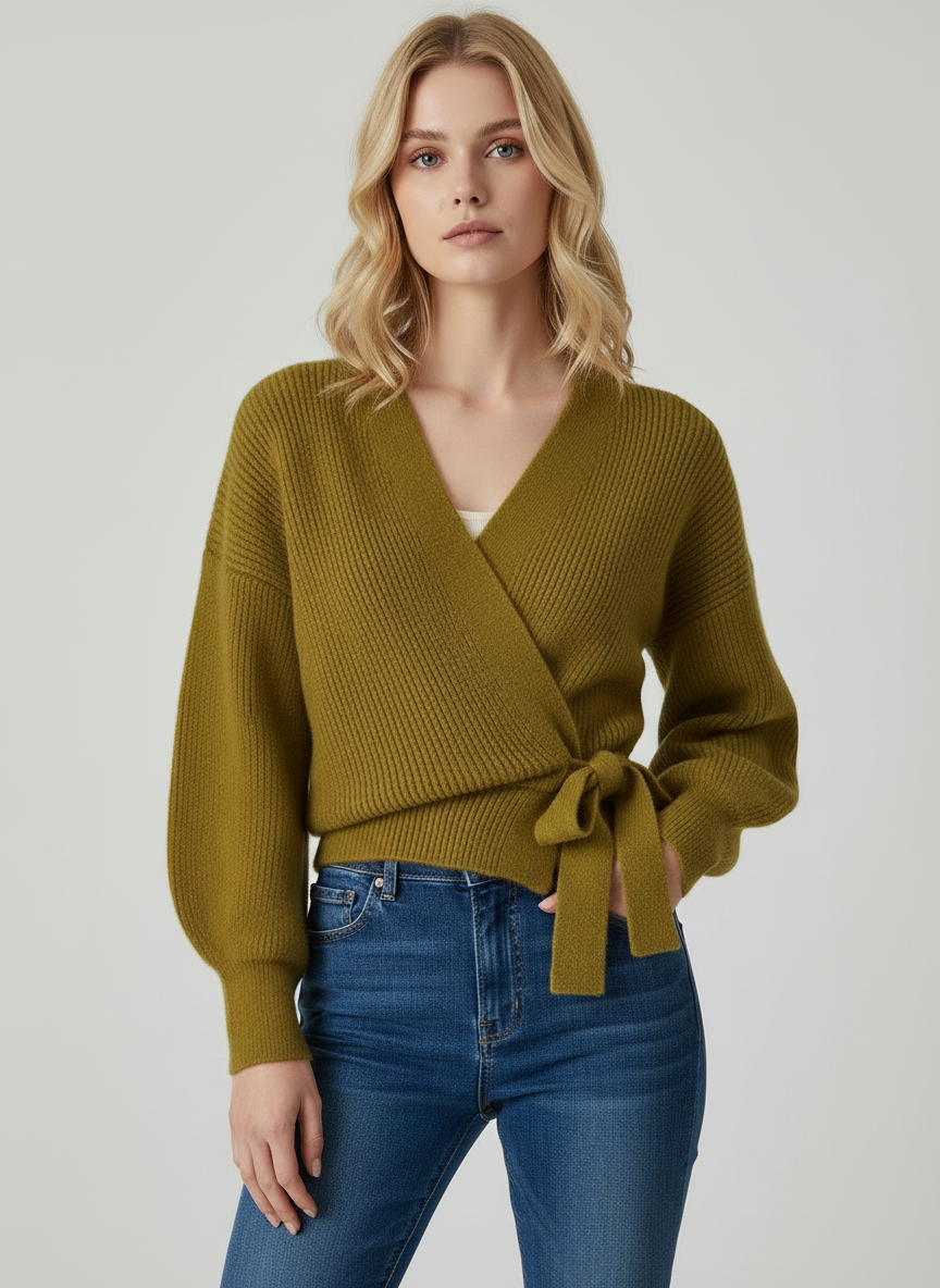 Zacht Gebreid Wikkelvest met Tailleband voor Dames