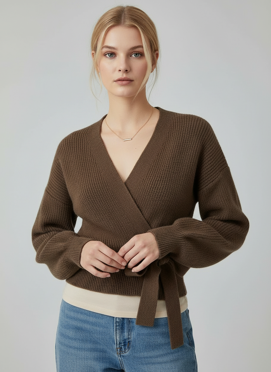 Zacht Gebreid Wikkelvest met Tailleband voor Dames