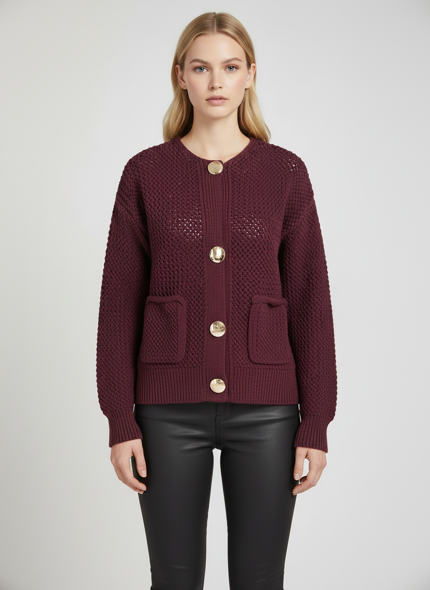 Zacht Gebreid Vest in Bordeauxrood met Gouden Knopen
