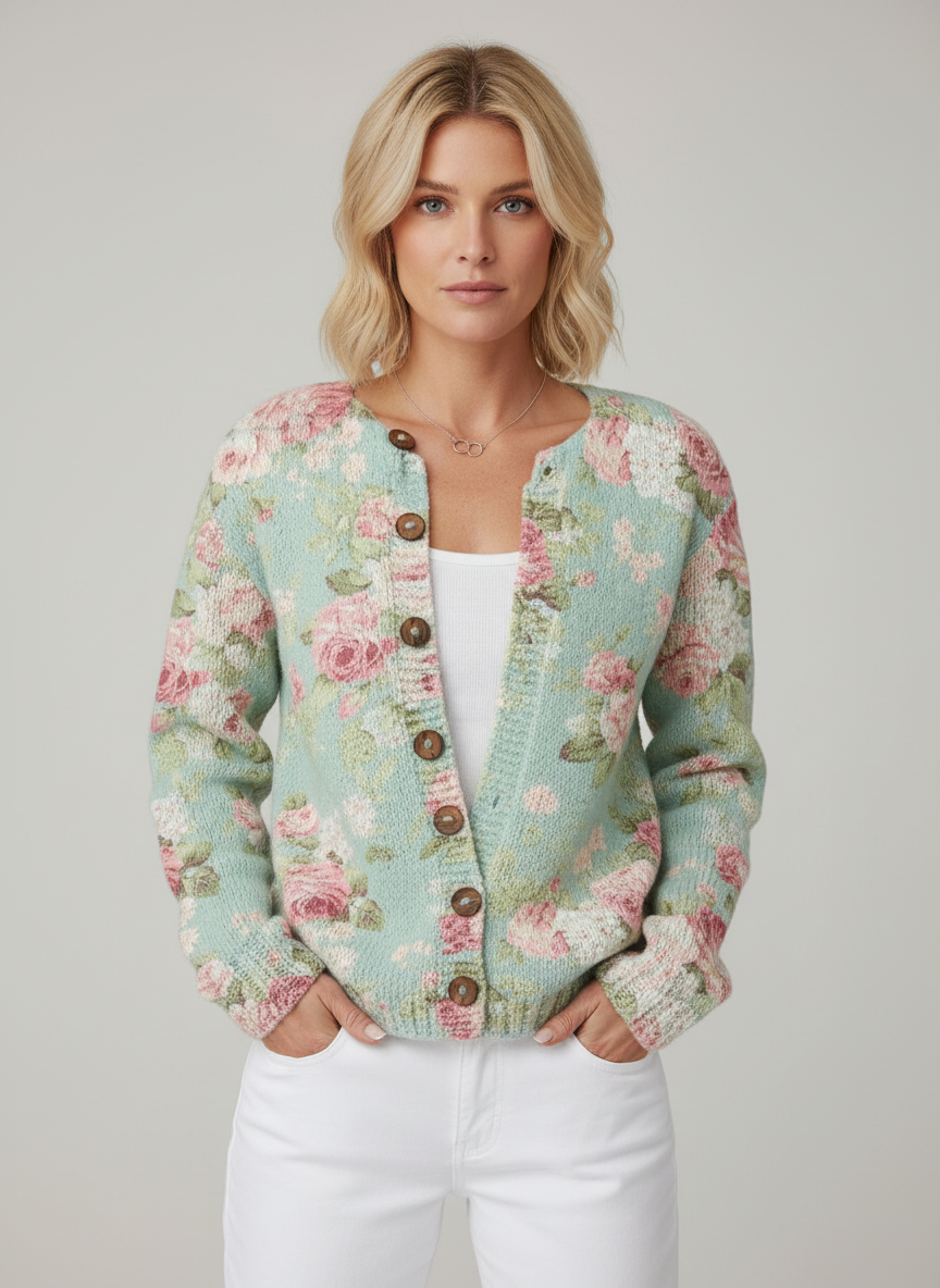 Zacht Gebreid Vest met Bloemenprint en Knopen