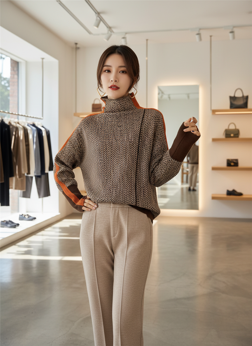 Comfortabele Gebreide Trui met Visgraat & Strepen