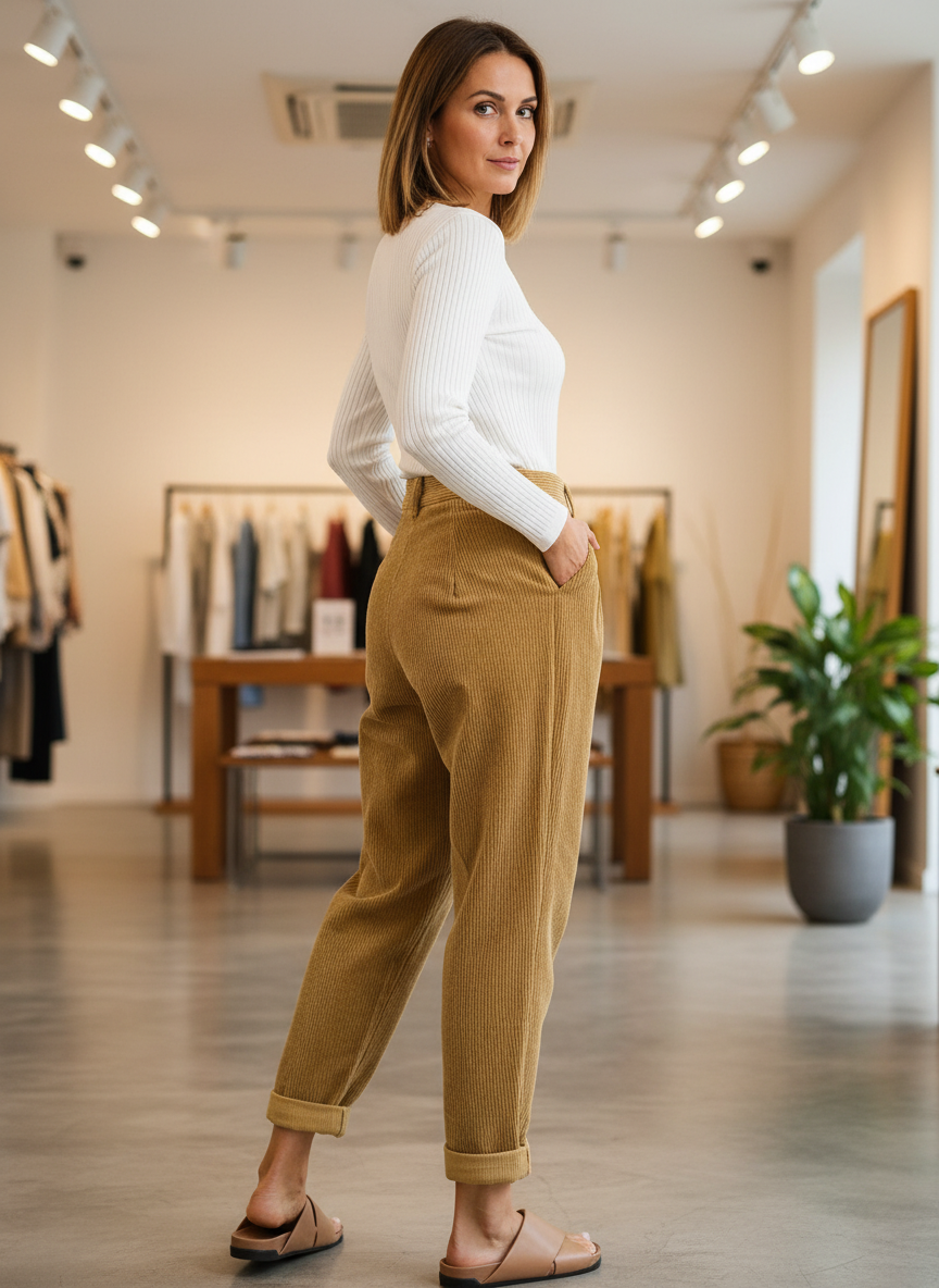 Relaxte Corduroy Broek met Hoge Taille voor Dames